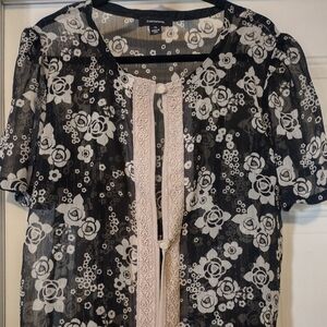 R&M Richards Black and Cream Floral Sheer Blouse